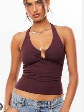 SUPRE Halter Camisole with Ring Detail in Deep Plum